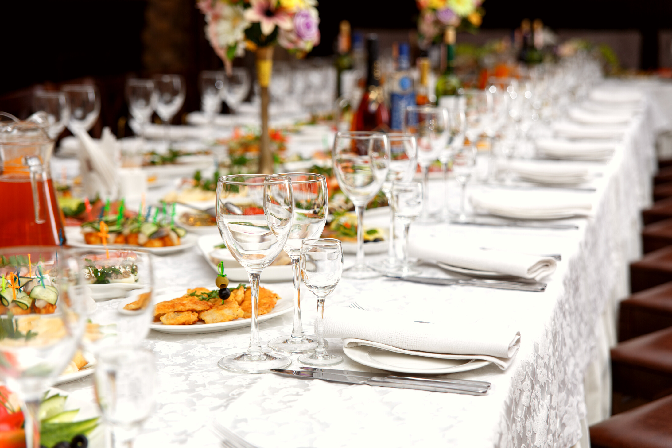 Table set for wedding or another catered event dinner.